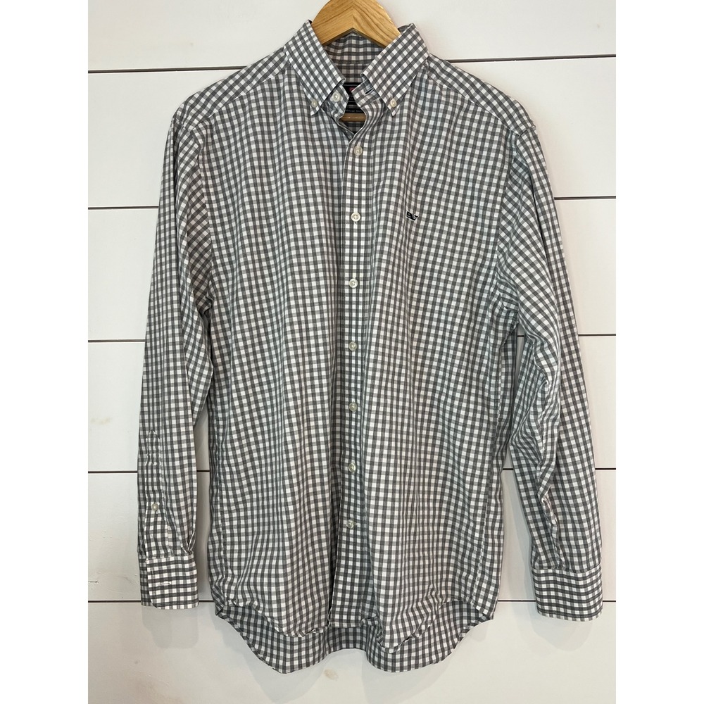 Vineyard Vines Whale Shirt Mens Medium Grey Gingham Plaid Cotton Button Down